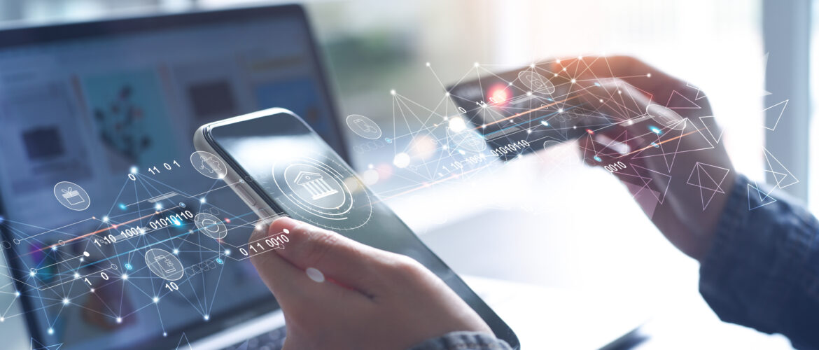 Digital banking, internet payment, online shopping, financial technology concept. Woman using mobile phone and credit card paying via mobile banking app for online shopping with technology icons